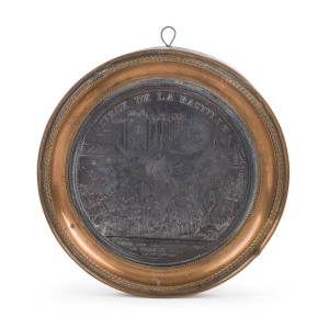 "SIEGE DE LA BASTILLE" commemorative medal, circa 1789 sculpted by Bertrand Andrieu, in a period gilt metal frame, ink inscription verso, 10.5cm diameter overall