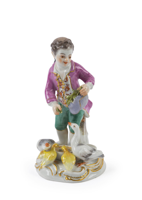 MEISSEN German porcelain statue of a boy feeding ducks, 18th/19th century, blue crossed swords mark, ​13.5cm high