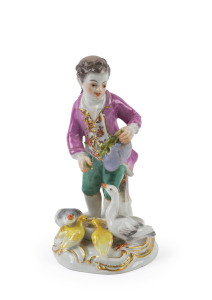 MEISSEN German porcelain statue of a boy feeding ducks, 18th/19th century, blue crossed swords mark, 13.5cm high