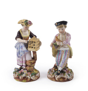 COALBROOKDALE English porcelain pair of statues of the bird handlers, circa 1810, blue factory mark to base with antique paper label, 15cm high