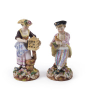 COALBROOKDALE English porcelain pair of statues of the bird handlers, circa 1810, blue factory mark to base with antique paper label, ​15cm high