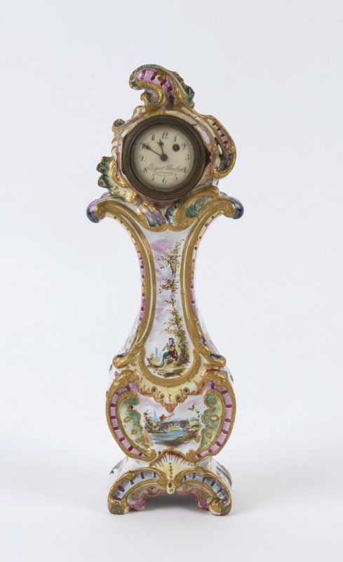 An antique French porcelain cased clock in the form of a grandfather clock, 19th century, dial marked "Duguel Boulay A Chateaudun", the case signed "fait par moij Francois Denis", ​29.5cm high