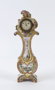 An antique French porcelain cased clock in the form of a grandfather clock, 19th century, dial marked "Duguel Boulay A Chateaudun", the case signed "fait par moij Francois Denis", 29.5cm high