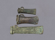 Three Celtic bronze age axe heads, 3000 B.C. ​12.5cm, 9cm and 7cm long
