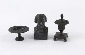 Antique miniature bronze tazza, urn and bust of the German poet Friedrich Schiller, 19th century, (3 items), the bust 11cm high