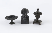 Antique miniature bronze tazza, urn and bust of the German poet Friedrich Schiller, 19th century, (3 items), ​the bust 11cm high