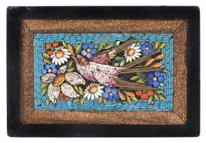 An Italian micro mosaic bird plaque set in black slate with goldstone border, 19th century, ​6.5 x 9.5cm