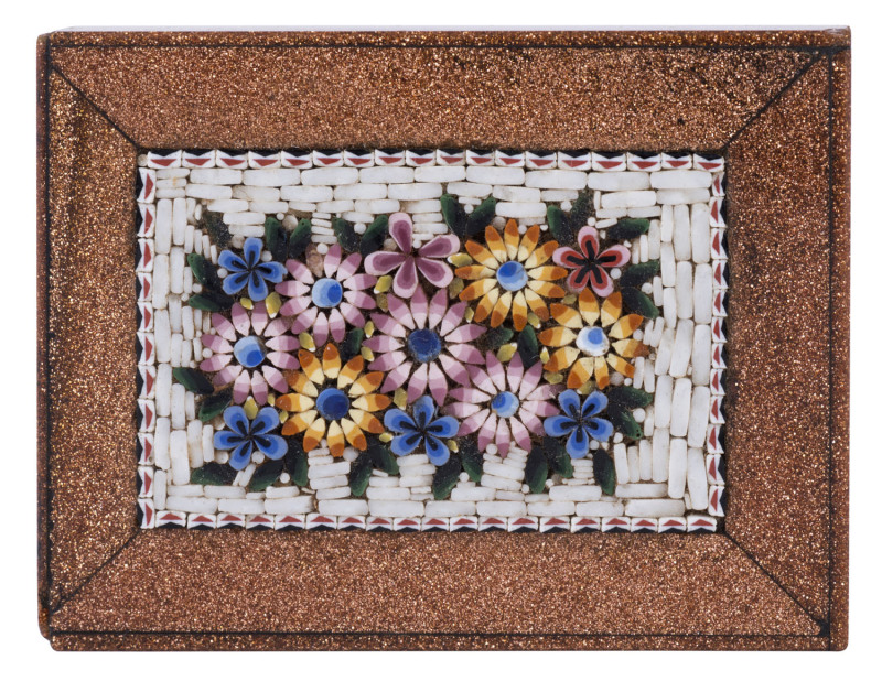 An Italian micro mosaic floral plaque with goldstone border, 19th century, ​6.5 x 5cm