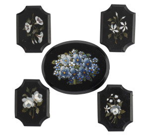 Italian micro mosaic oval floral plaque and four pietra dura floral plaques, 19th century, (5 items), the largest 4.5cm wide