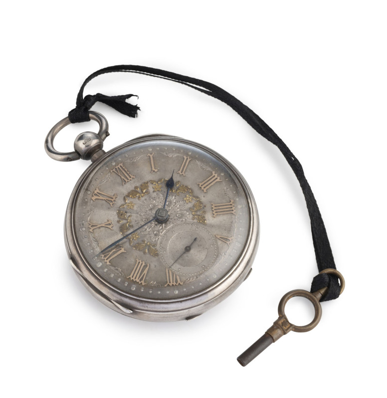 An antique sterling silver cased pocket watch, engraved dial with gold Roman numerals and subsidiary seconds dial, fusee chain driven movement with original key. Case manufactured in Chester, 19th century. ​7.5cm high overall