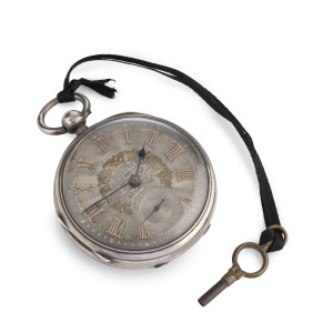An antique sterling silver cased pocket watch, engraved dial with gold Roman numerals and subsidiary seconds dial, fusee chain driven movement with original key. Case manufactured in Chester, 19th century. 7.5cm high overall