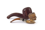 Gent's head portrait pipe, carved meerschaum and amber with silver collar in leather case, late 19th century, ​14cm long