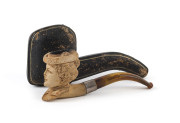 Ladies head pipe, carved meerschaum and amber with silver collar in leather case, late 19th century, ​13.5cm long