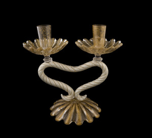 BAROVIER & TOSO Murano glass candelabra with aventurine gold inclusions, circa 1950, 24cm high, 25cm wide