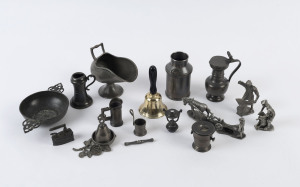 Pewter statues, miniature ornaments, sugar scuttle, tastevin, bells etc, 20th century, (15 items), the largest 12cm high