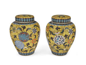 A superb pair of Japanese cloisonne porcelain vases by Takeuchi Chubei, Meiji period, 19th century, rare, signed Dai Nippon Kojin Takeuchi, 26 cm high