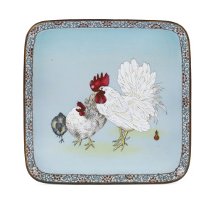 Japanese cloisonne tray with cockerel, hen and chick worked in silver wire by WATANABE SEITEI for NAMIKAWA SOSUKE, Meiji period, late 19th century, red signature mark to front. For a similar example see "The Splendors Of Imperial Japan, Arts Of The Meiji Period In The Khalili Collection", 29.5 x 29.5cm