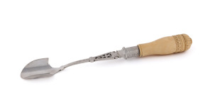 An English stilton scoop, silver plate with carved ivory handle, 19th century, 25.5cm long