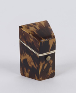 A Victorian miniature casket, tortoiseshell and bone with red silk lining, 19th century, 5cm high
