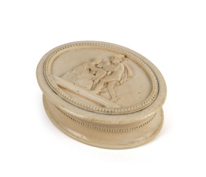 A French Dieppe carved ivory box with Mercury scene top, 19th century, 3cm high, 9.5cm wide, 7.5cm deep