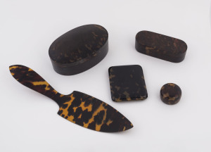 Three assorted tortoiseshell boxes, an implement and a cigarette case, all 19th century, (5 items), the oval jewellery box 5.5cm high, 14cm wide, 8.5cm deep