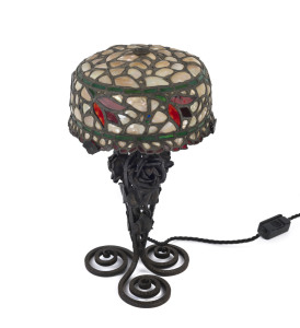 A French wrought iron table lamp with Bohemian leadlight glass and shell shade, late 19th early 20th century, ​41cm high