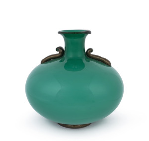 VENINI Murano green glass vase with applied handles, rim and foot with gold foil inclusions, circa 1990s, original label "Venini Murano, Made In Italy", 31cm high, 31cm wide
