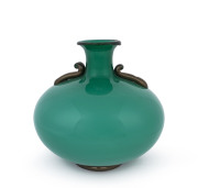 VENINI Murano green glass vase with applied handles, rim and foot with gold foil inclusions, circa 1990s, original label "Venini Murano, Made In Italy", ​31cm high, 31cm wide