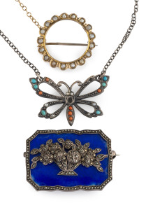 A 9ct gold and seed pearl circular brooch; an Art Deco silver, blue enamel and marcasite brooch; and a silver butterfly necklace, (3 items),