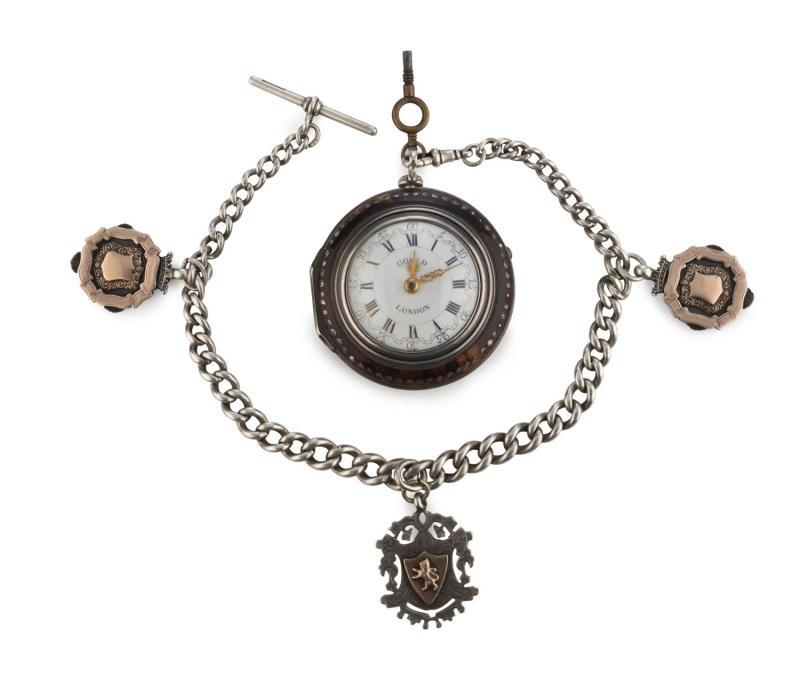 A fine Georgian pair cased pocket watch and chain, circa 1820's. Tortoiseshell and silver outer case opens to reveal a stunning secondary outer case with repoussé court scene on reverse. The watch is housed in a further sterling silver case marked London