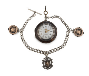 A fine Georgian pair cased pocket watch and chain, circa 1820's. Tortoiseshell and silver outer case opens to reveal a stunning secondary outer case with repoussé court scene on reverse. The watch is housed in a further sterling silver case marked London 