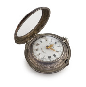 A fine Georgian pair cased pocket watch and chain, circa 1820's. Tortoiseshell and silver outer case opens to reveal a stunning secondary outer case with repoussé court scene on reverse. The watch is housed in a further sterling silver case marked London - 2