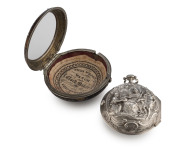 A fine Georgian pair cased pocket watch and chain, circa 1820's. Tortoiseshell and silver outer case opens to reveal a stunning secondary outer case with repoussé court scene on reverse. The watch is housed in a further sterling silver case marked London - 3