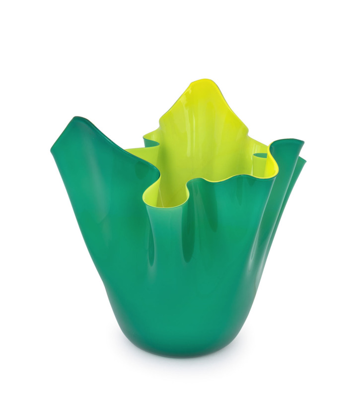 VENINI large Murano glass handkerchief vase in yellow and green, circa 1982, engraved "Venini, Italia, '82", ​34cm high, 33cm wide