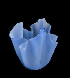 VENINI Murano glass handkerchief vase in opaque blue and cream, circa 1950s, acid etched mark "Venini, Murano, Italia", 28.5cm high, 29cm wide