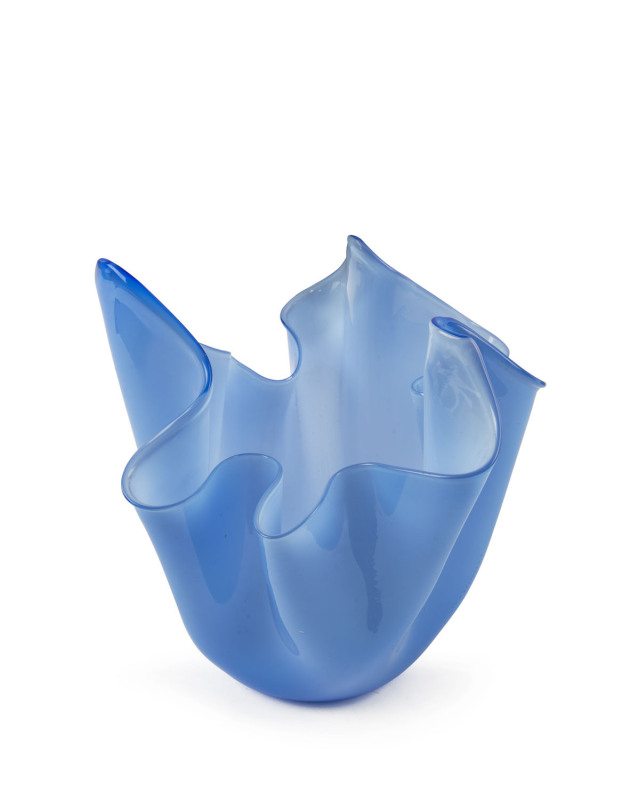 VENINI Murano glass handkerchief vase in opaque blue and cream, circa
