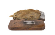 A desk tidy paper holder, taxidermy fox foot, sterling silver and oak, engraved "Worzel, Jan 24th, 1896", 12cm long