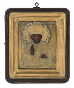 A Russian icon, silver over gesso with gilt slip in timber case, 19th century, the icon 16.5 x 14cm, case 24.5cm high, 21.5cm wide, 7cm deep