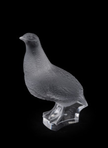 LALIQUE "Perdrix Debout" French Art Deco frosted glass bird statue, engraved "Lalique, France", with original paper label, 18cm high