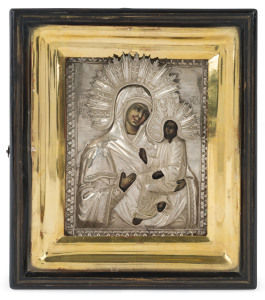 A Russian Mary and Jesus icon, silver over gesso with gilt slip in ebonized timber case, 19th century, the icon 18 x 14cm, case 25cm high, 22cm wide, 6.5cm deep