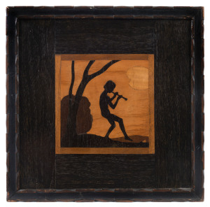 WILLIAM CHASE pair of Arts and Crafts marquetry panels for A.J. ROWLEY Gallery, circa 1920, titled verso "Morning Piper", and "Evening Piper", gallery label "A.J. Rowley, The Rowley Gallery, 140-2 Church Street Kensington, W.8.", in original hand carved frames, 34 x 34cm overall