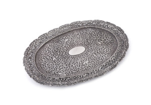 An Indian Kutch silver oval serving tray, 19th century, 36.5cm wide, 650 grams