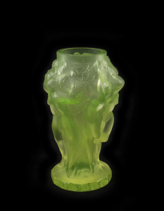 Bohemian Art Deco uranium glass vase with nymphs and grapes, circa 1925, 13cm high