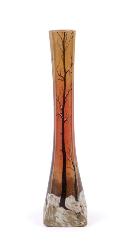 LEGRAS French Art Nouveau glass vase with winter landscape, late 19th century, signed "Legras", 30cm high