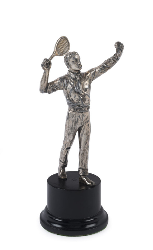 W.M.F. German silver plated statue of the tennis player, circa 1900, mounted on an ebonized wooden plinth, ​26cm overall