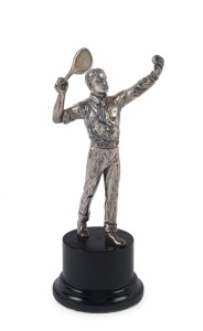 W.M.F. German silver plated statue of the tennis player, circa 1900, mounted on an ebonized wooden plinth, 26cm overall