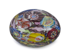 Murano glass sculpture with Murrine, Latticinio and silver foil decoration, circa 1960s, original foil label "ALT Vetreria Artistica, Murano Italy", 12cm high, 16cm wide