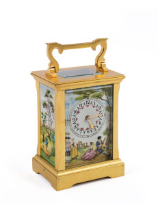 DEACON English carriage clock, gilt meatal and enamel, early 20th century, stamped "Deacon, Swindon, Made In England", with key and running, 15cm high