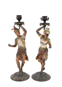 A pair of figural candlesticks, cold painted spelter, most likely American, 19th century, 37cm high
