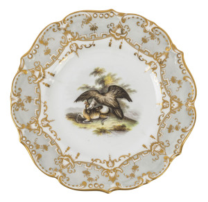 An English porcelain cabinet plate with hand-painted scene of an American bald eagle and deer, circa 1835, ​22.5cm diameter